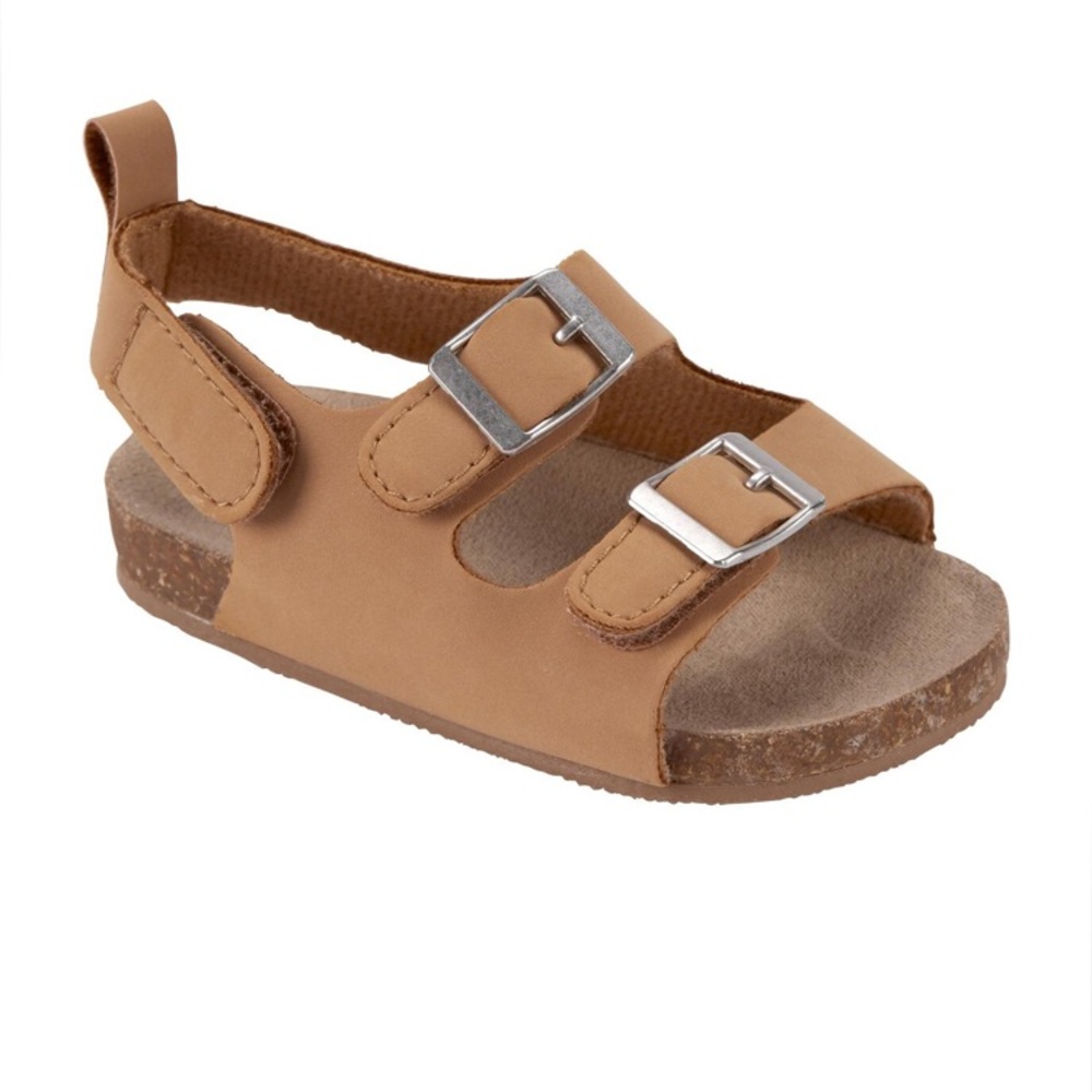 Carters Baby Faux Suede Cork Sandals Two Strap Heel Velcro 3-6 Month Tan Buckles